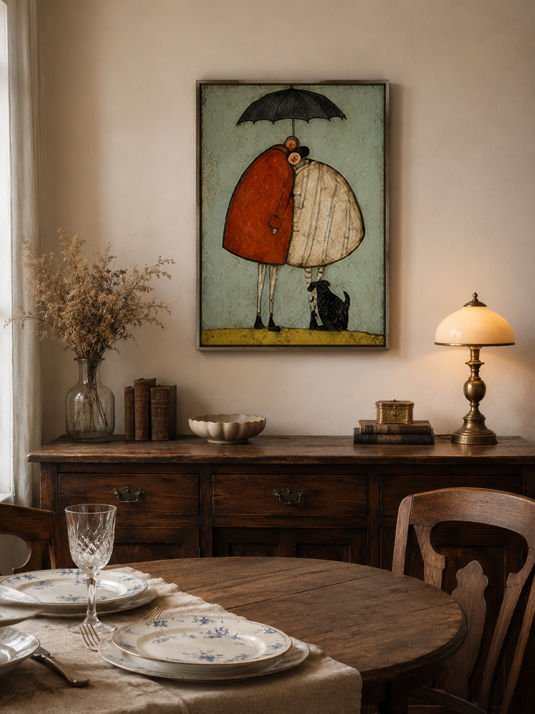 Fantasy Love Oil Painting Of Couple And Pet In Square Format For Eclectic Interior Design