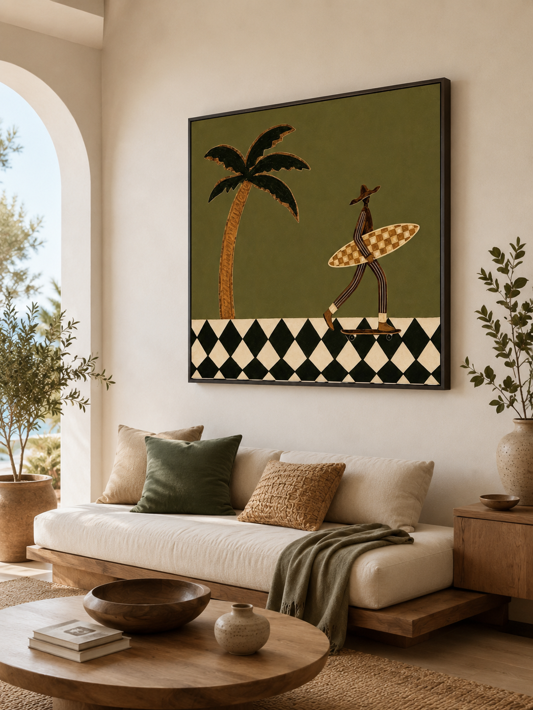 Vintage Skate Surfer Wall Art With Checkerboard Board For Retro Living Room Decor