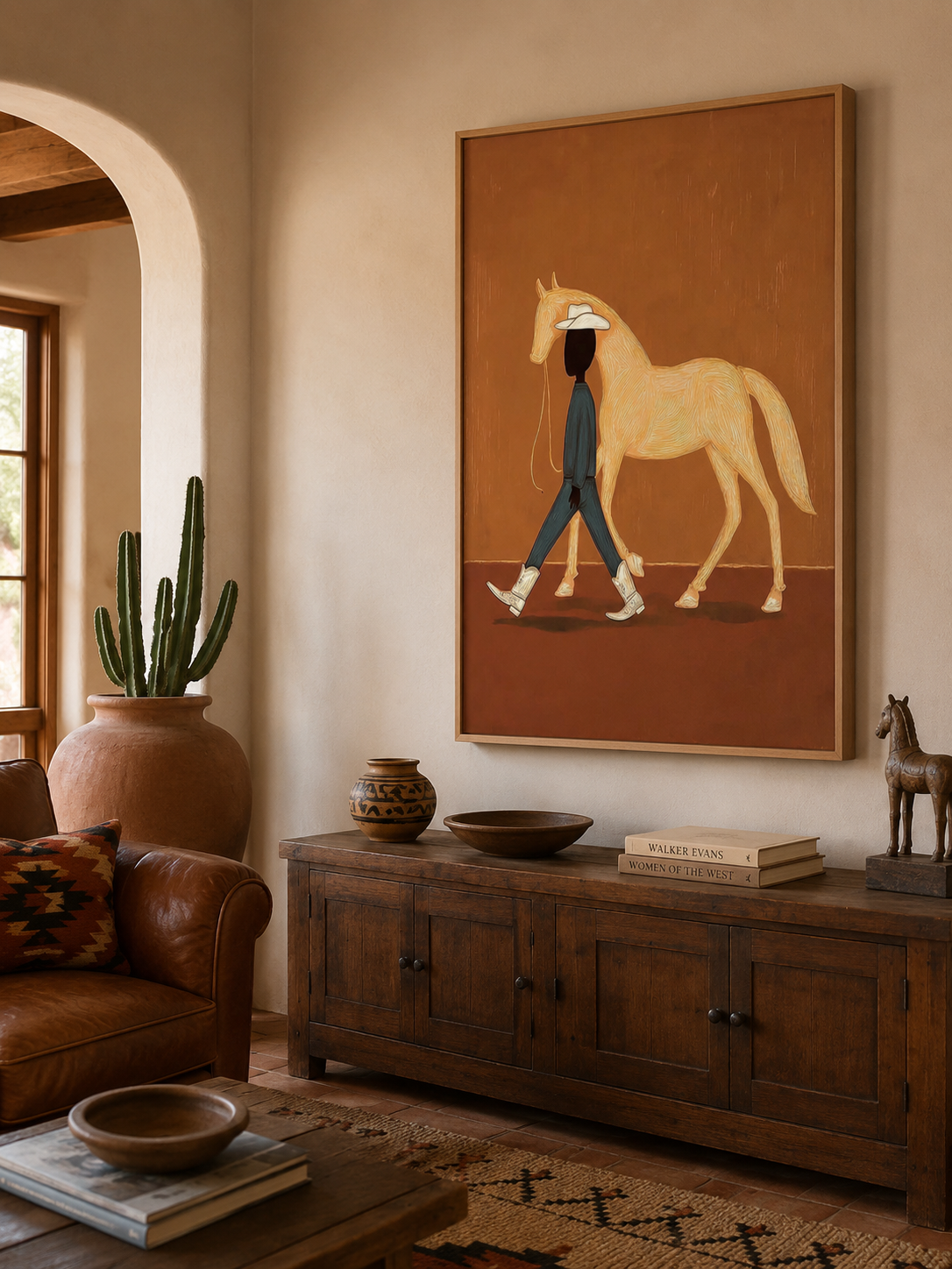 Minimalist Cowboy And Horse Painting Abstract Textured Wall Art For Modern Home Decor