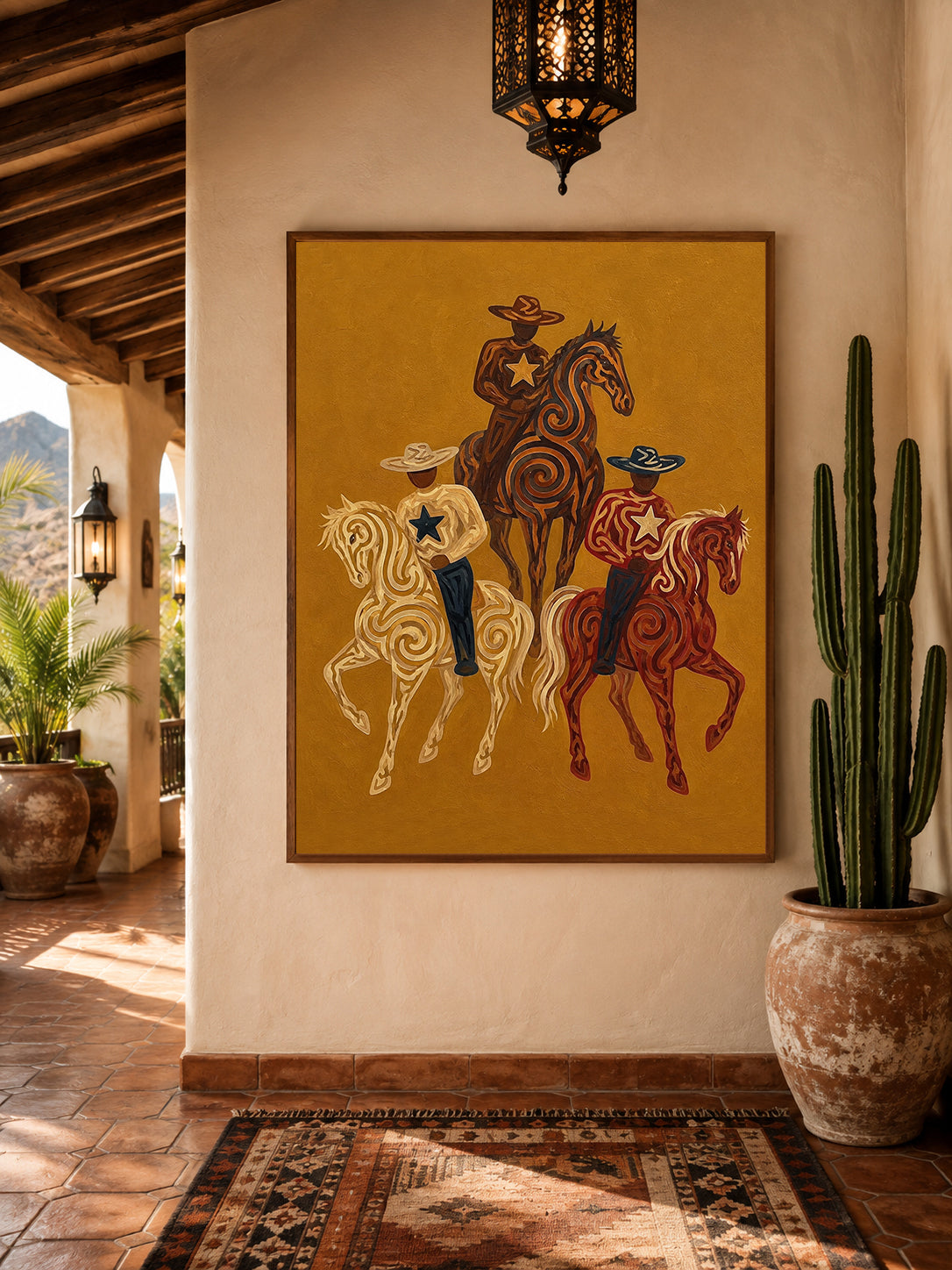 Western Cowboy Horse Oil Painting, Mustard Southwestern Wall Art, Hand Painted Ranch Decor
