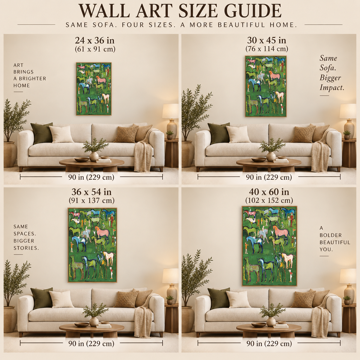 Hand-Painted Folk Horse Painting With Colorful Horses On Green Canvas Art