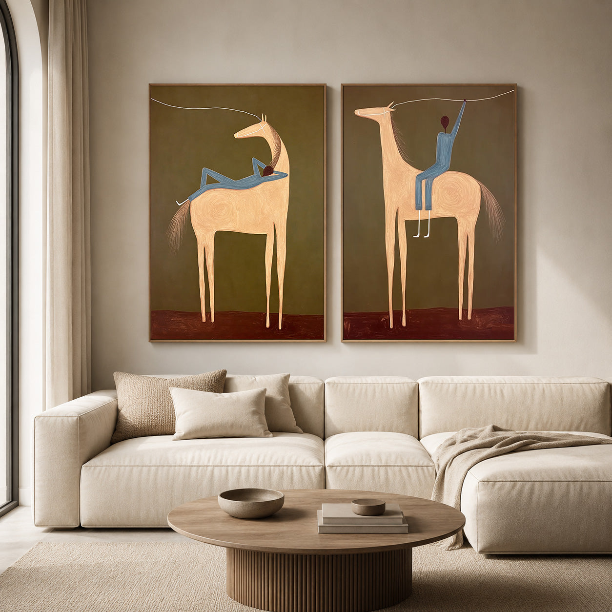Vintage Minimalist Horse Painting Set Original Canvas Art For Living Room Decor