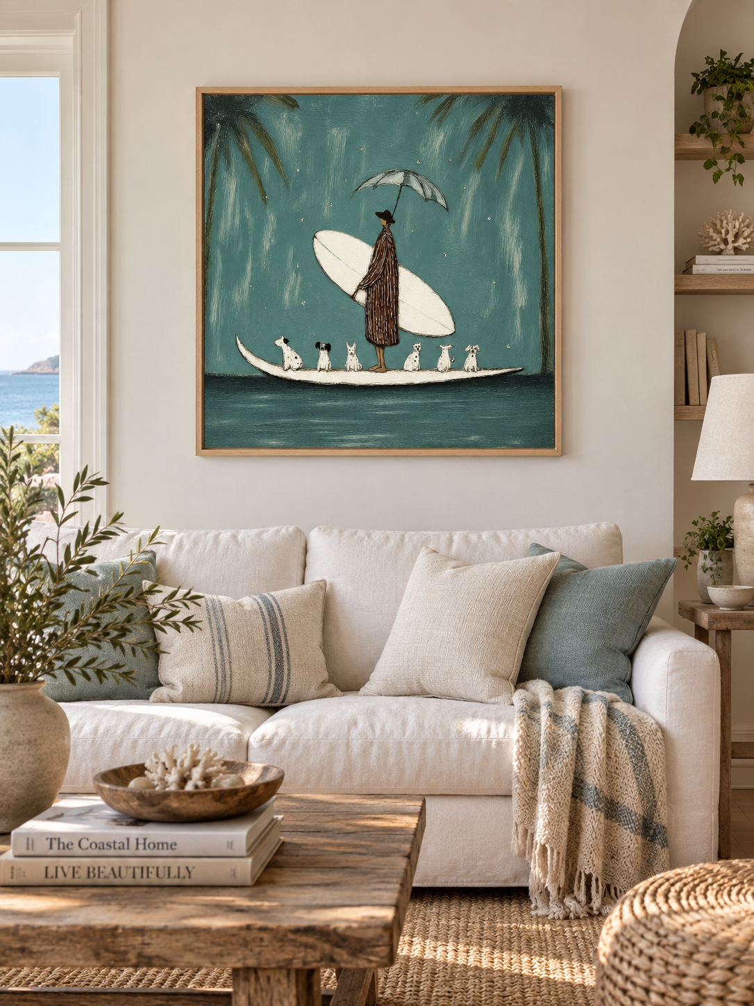 Coastal Dog Lover Wall Art For Living Room Blue Teal Surf Painting