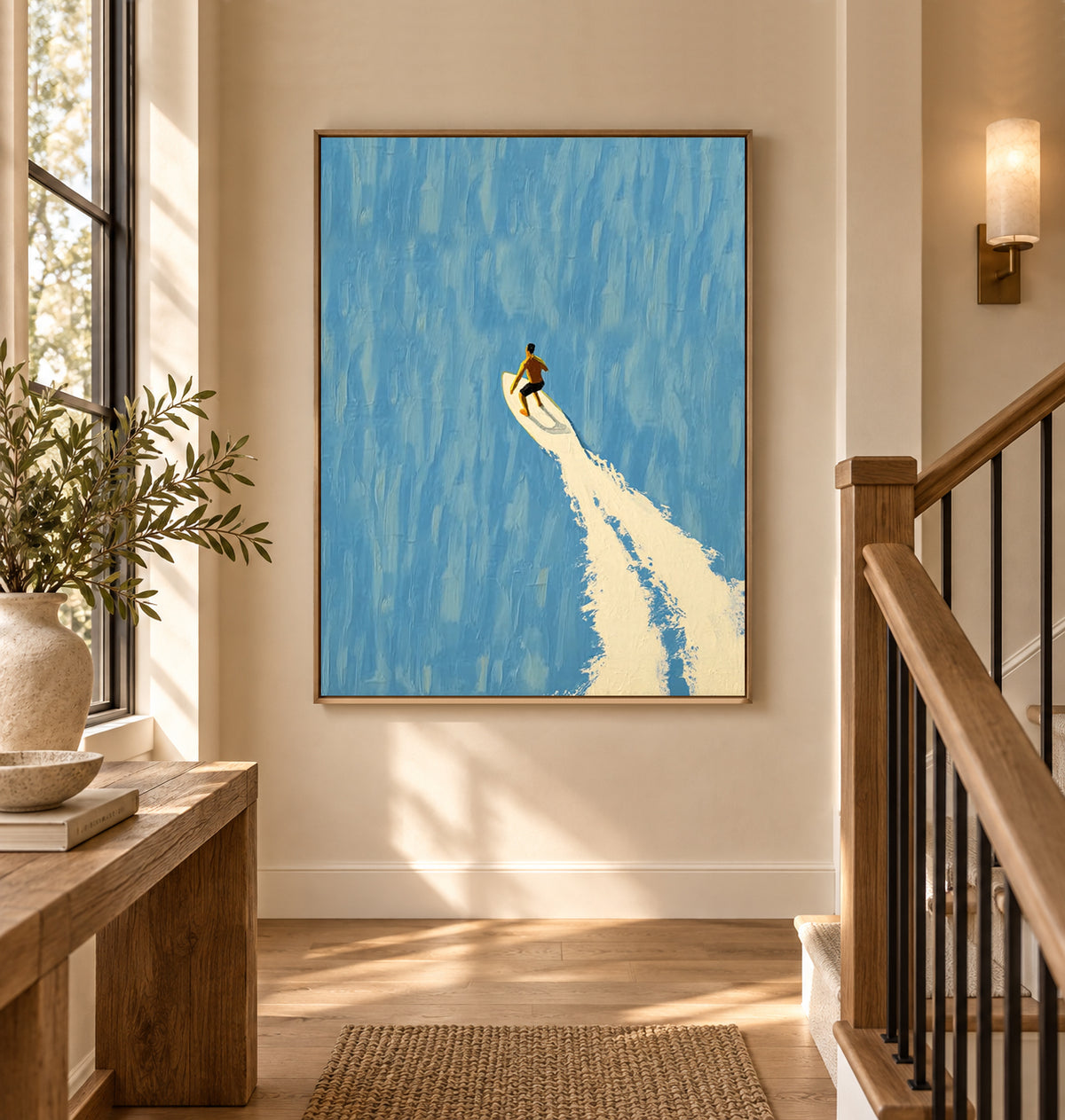 Surfer On Blue Wave Hand-Painted Canvas Art For Modern Beach Decor