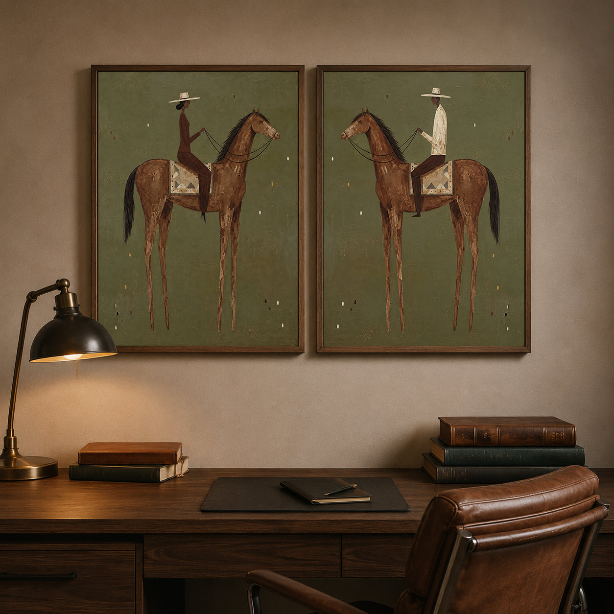 Vintage Equestrian Diptych With Green Background And Brown Horses Original Oil Painting Set Of Two