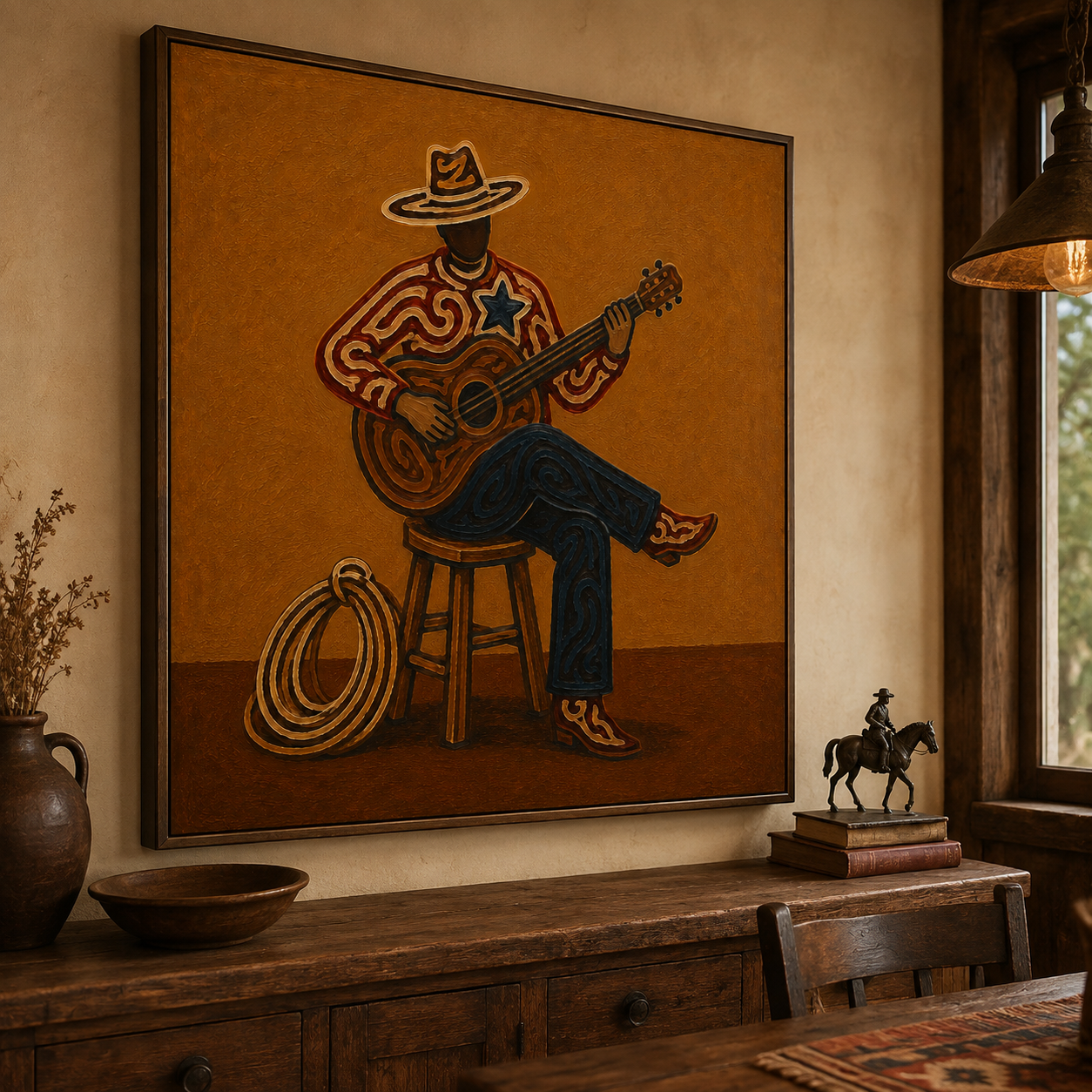 Cowboy Playing Guitar Art , Western Music Wall Art, Country Music Decor Painting, American Folk Art Style