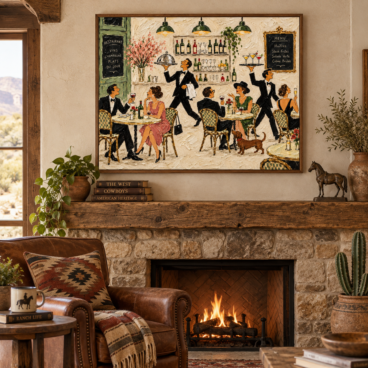 French Restaurant Wall Art, Paris Bistro Dining Scene Painting, Vintage Cafe Waiters Wine Bar Decor