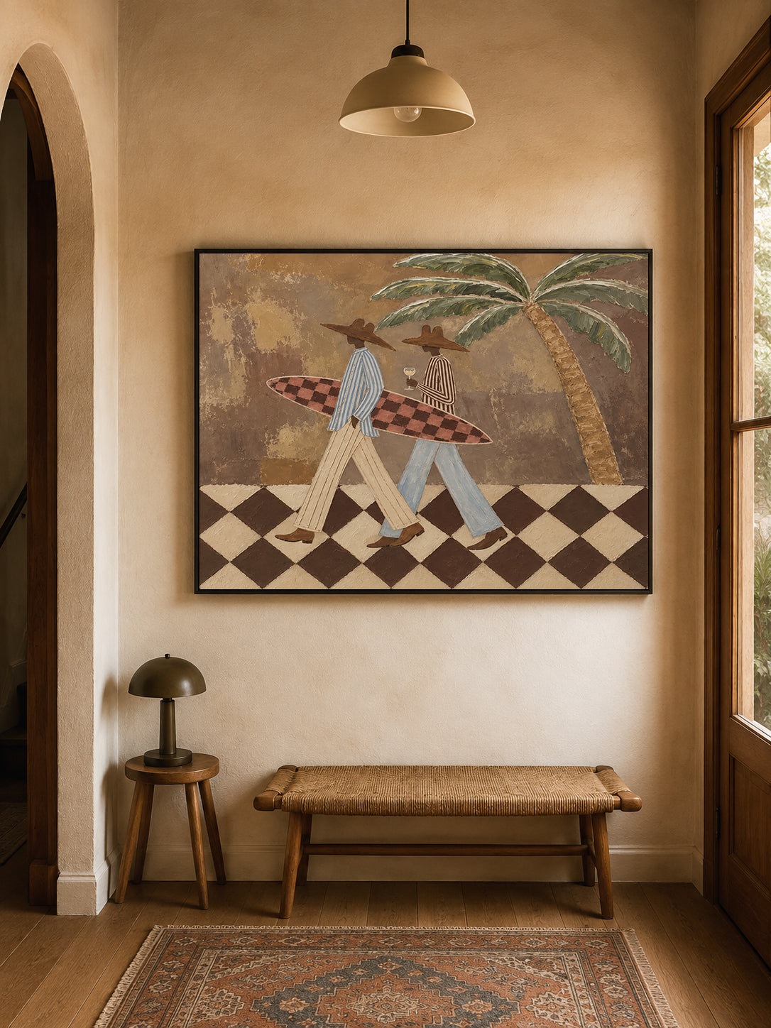 Vintage Cowboy Surf Art Hand-Painted Canvas With Palm Tree And Checkered Board