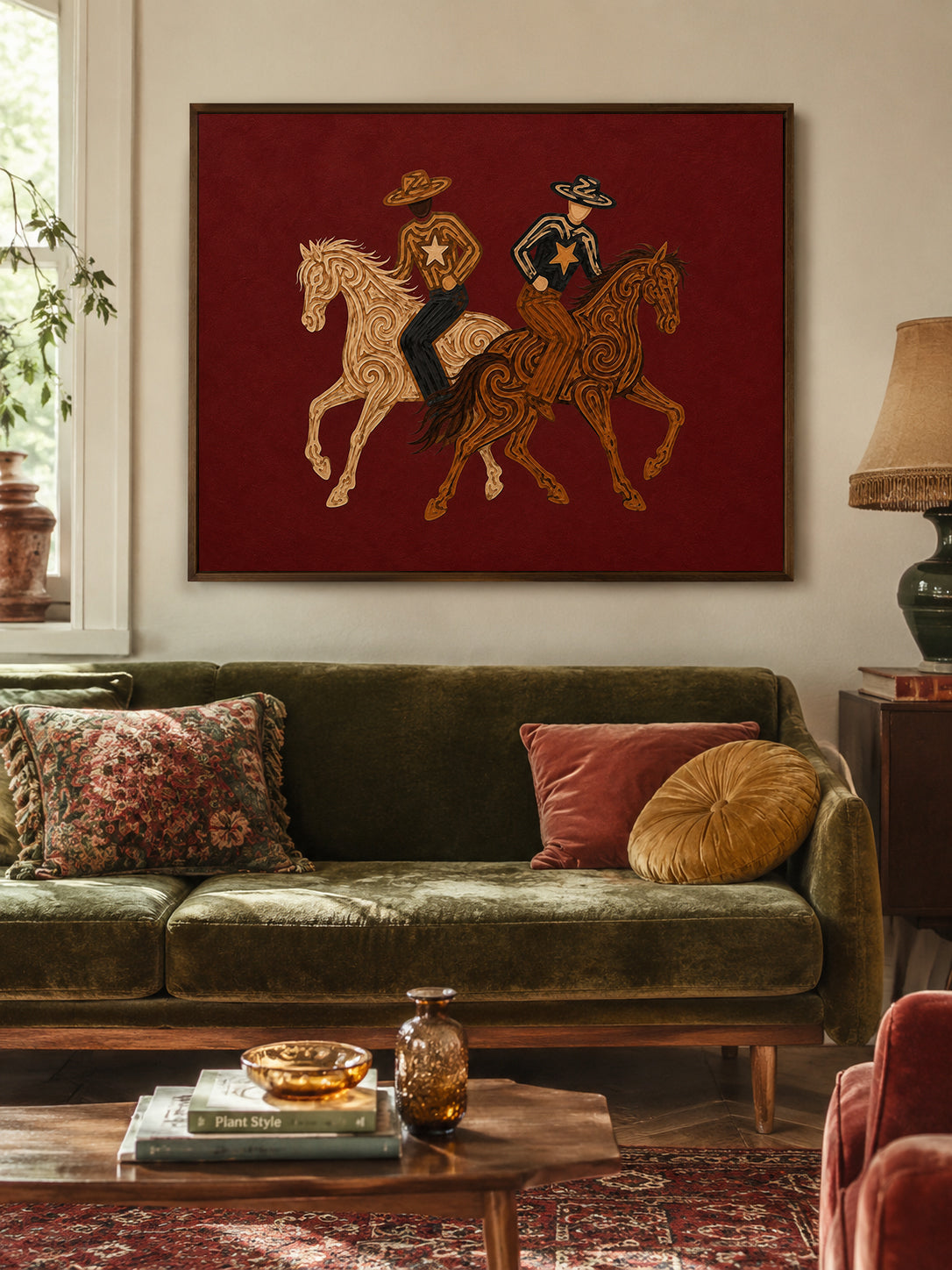 Red Cowboy Horse Oil Painting, Burgundy Western Wall Art, Lasso Rodeo Ranch Decor
