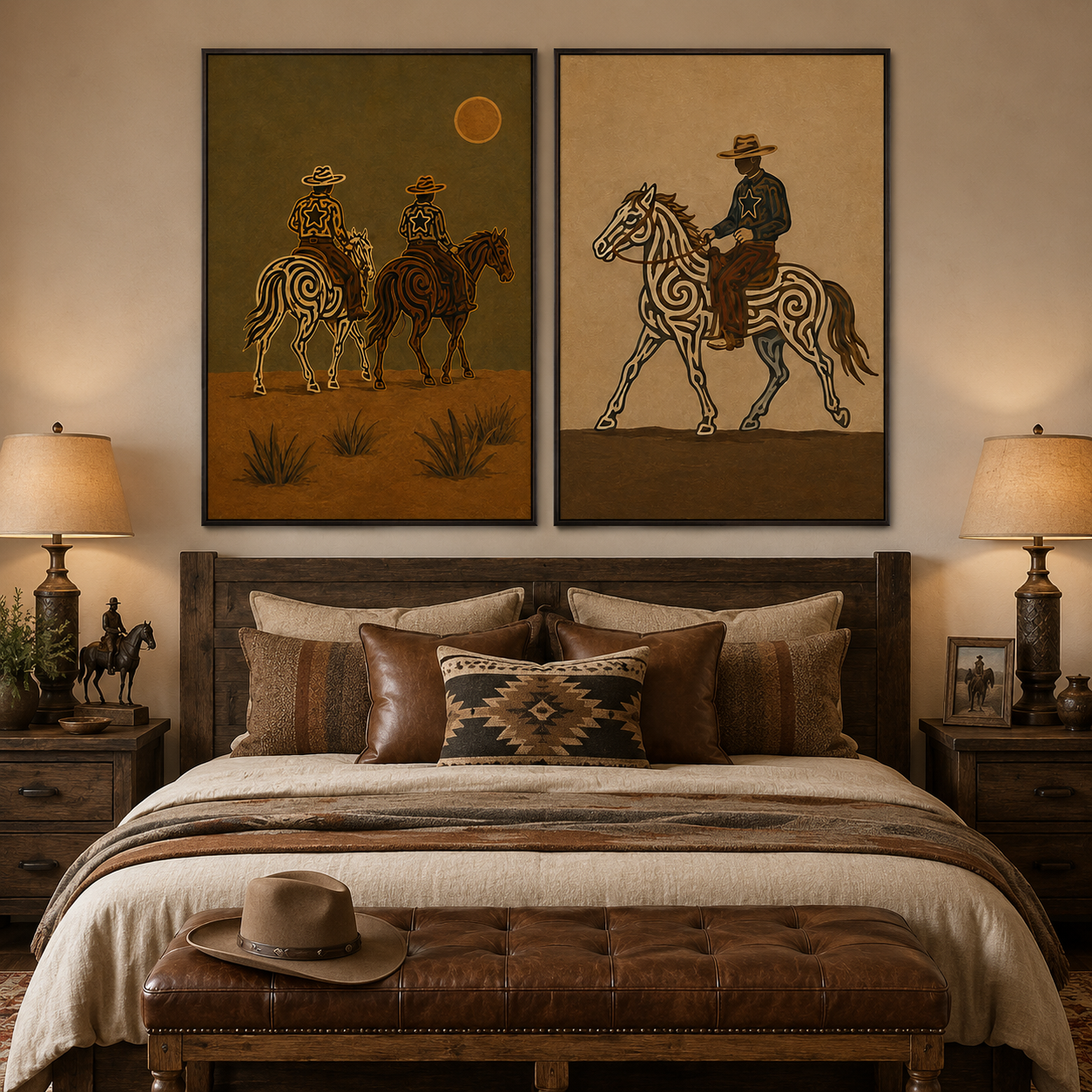 Vintage Sunset Desert Western Wall Art Set Of 2, Cowboy Riding Canvas Painting, Earth Tone Rustic Home Decor