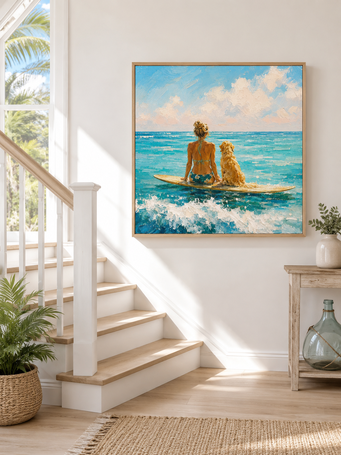 Summer Beach Surfboard Art Hand Painted Girl And Dog Ocean View Art For Beach House Living Room Decor