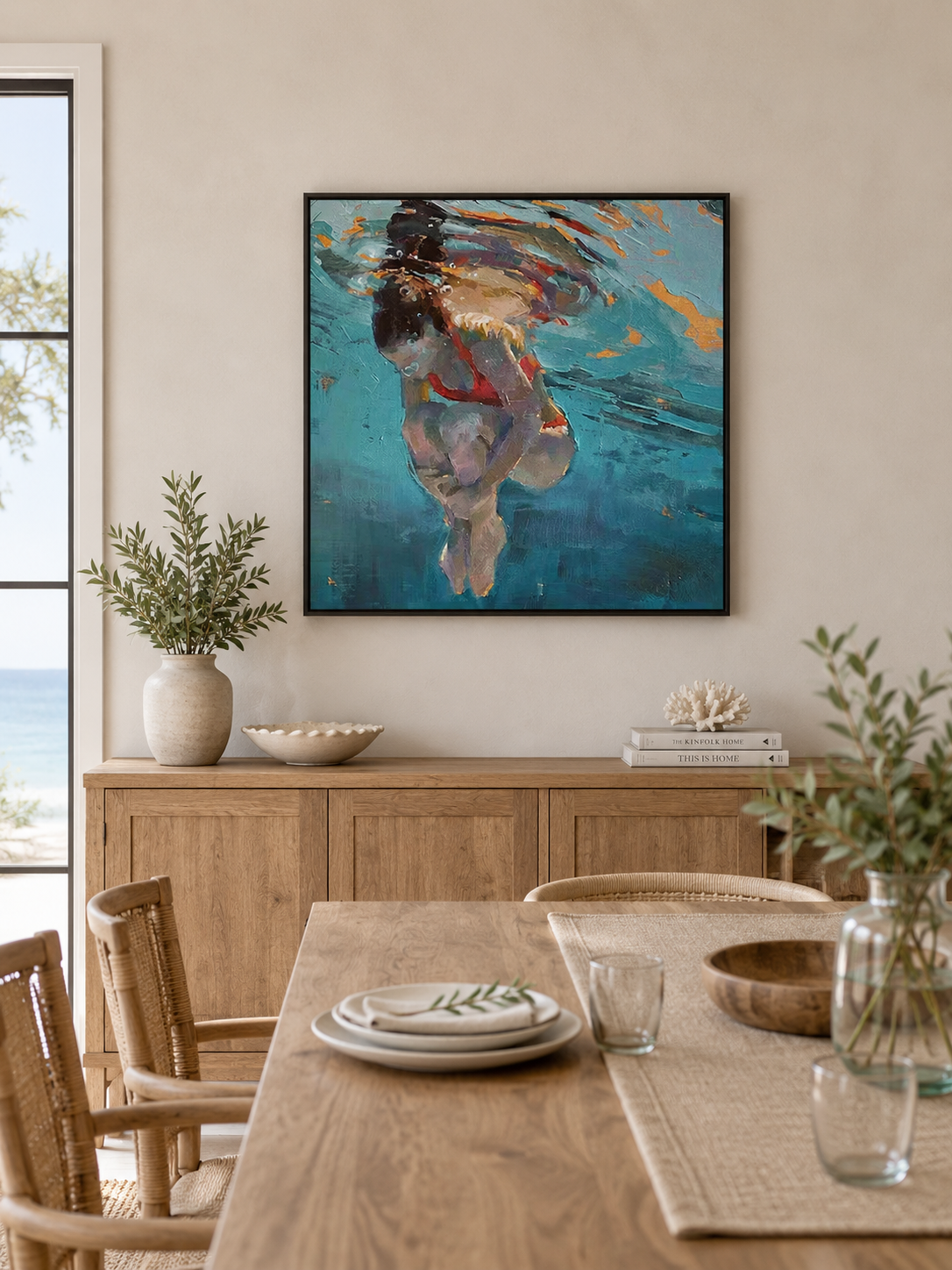 Modern Feminist Underwater Figure Painting With Red Swimsuit Expressive Oil Art For Living Room Decor