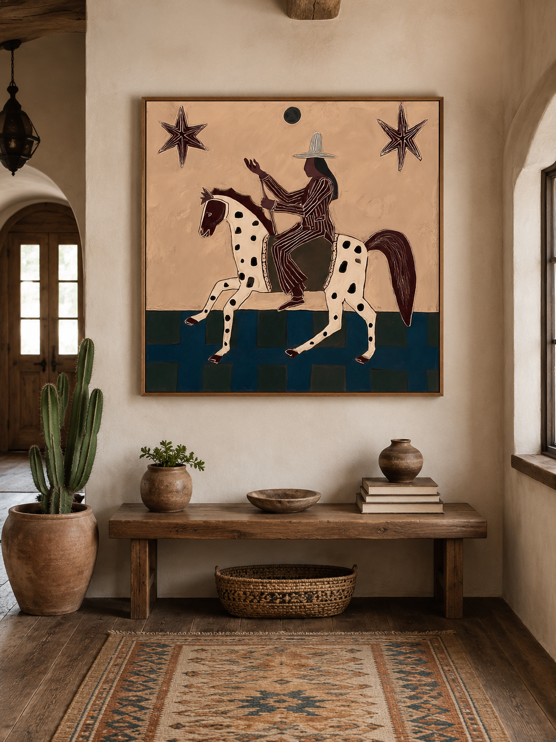 Vintage Magical Realism Folk Art Painting With Spotted Horse And Stars For Living Room Decor