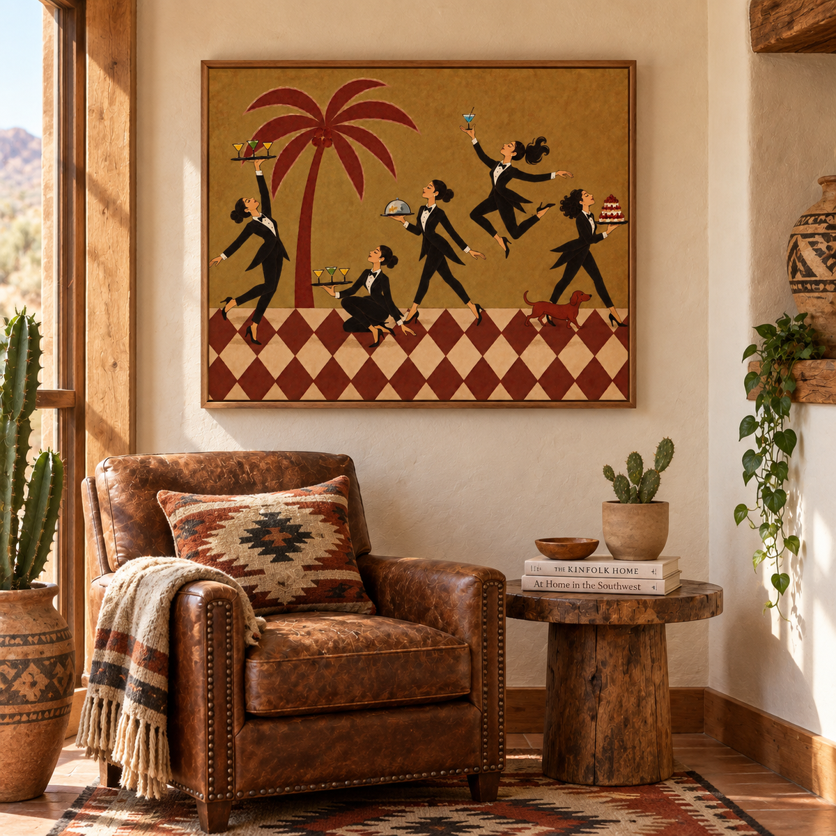 Retro Dining Room Wall Art With Palm Tree And Cocktail Servers Original Canvas