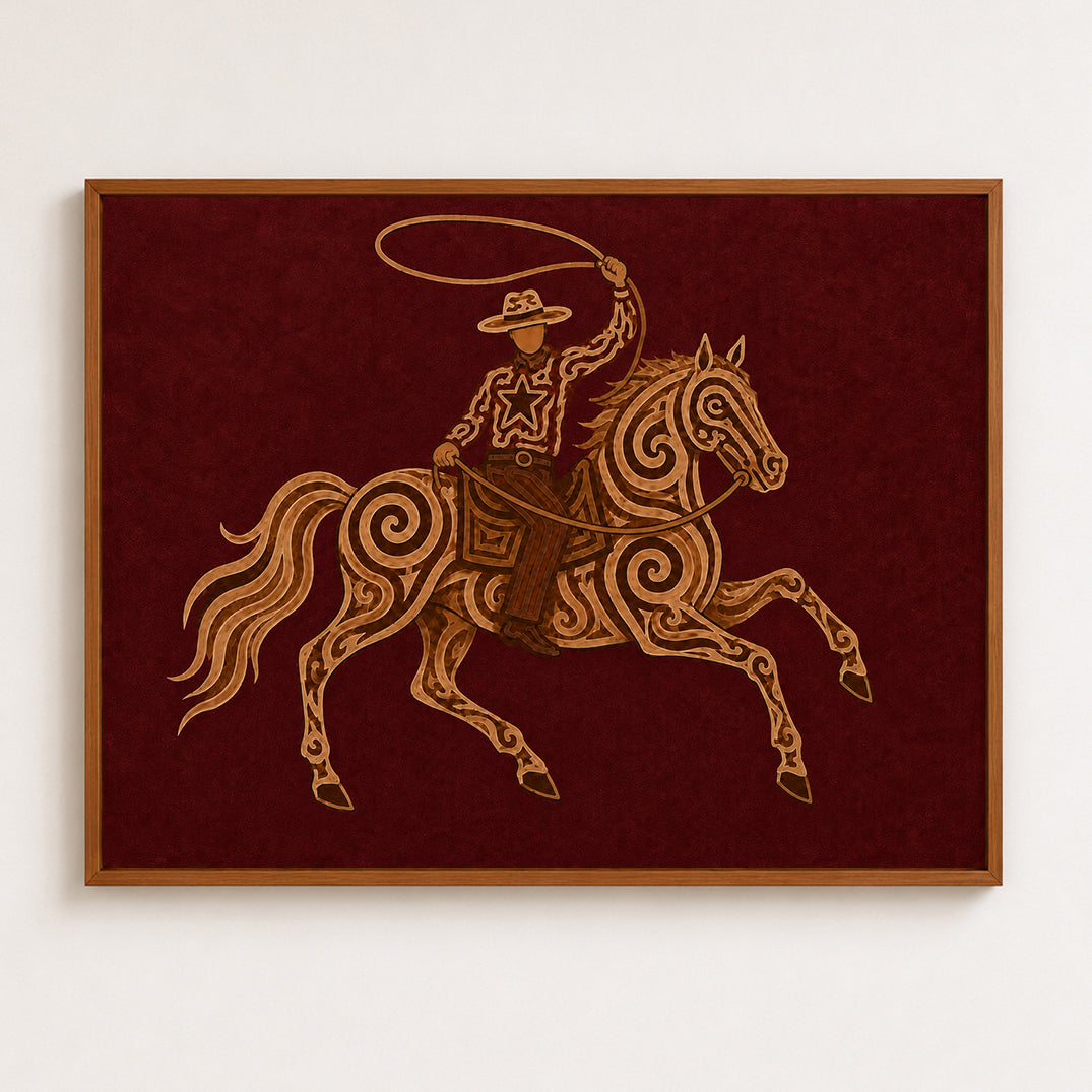 Red Cowboy Horse Oil Painting, Burgundy Western Wall Art, Lasso Rodeo Ranch Decor