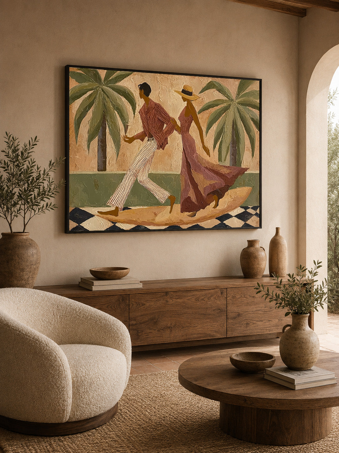 Dancing Couple Canvas Painting With Tropical Palms And Olive Green Tones