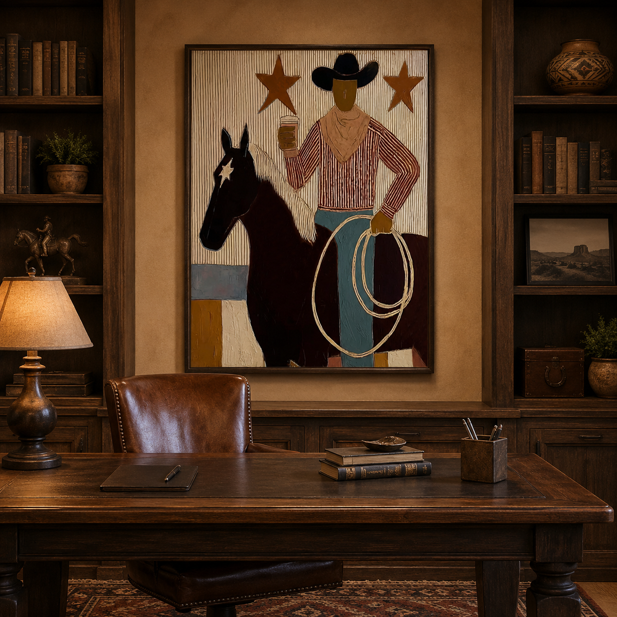 Folk Cowboy Painting With Horse And Lasso For Rustic Wall Decor