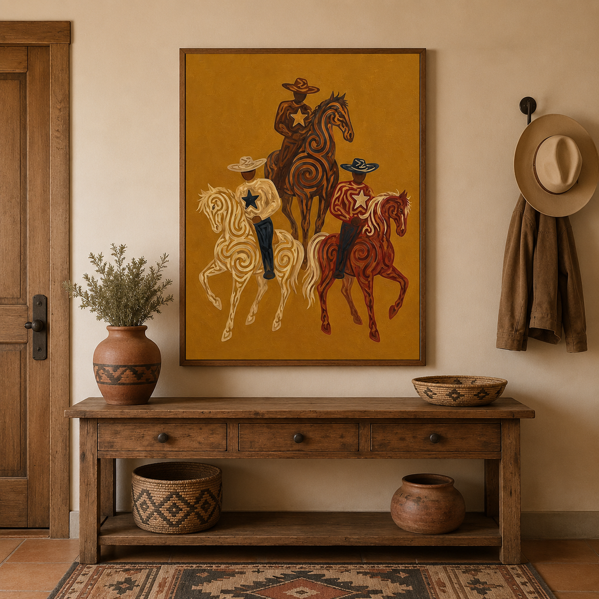 Western Cowboy Horse Oil Painting, Mustard Southwestern Wall Art, Hand Painted Ranch Decor