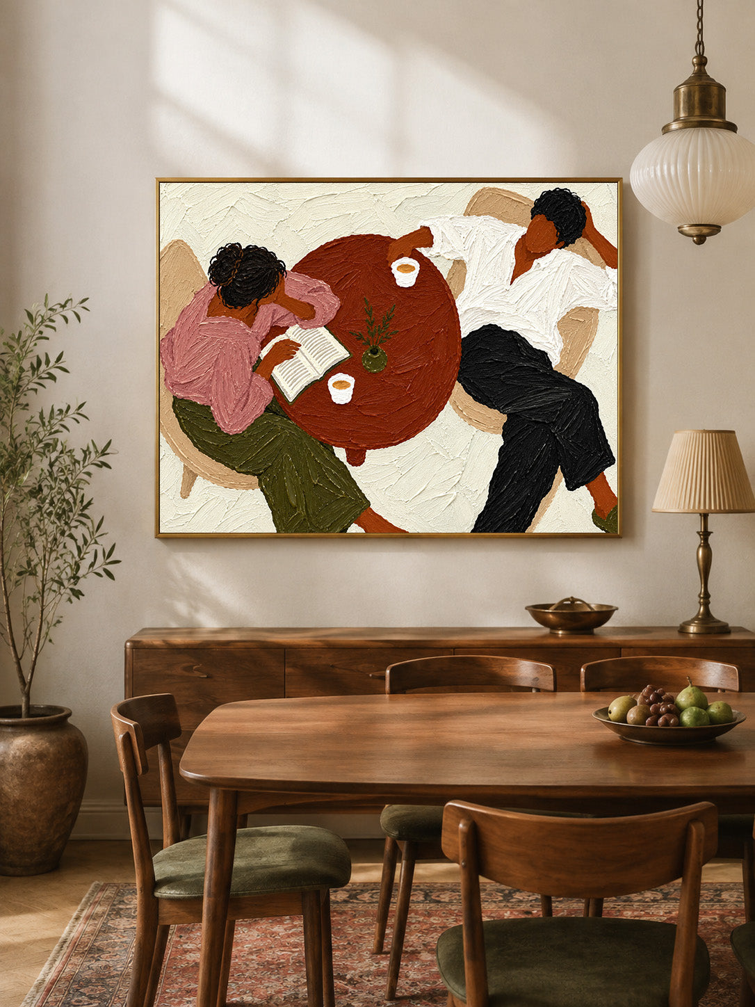 Lazy Sunday Couple Oil Painting, Cozy Reading Wall Art, Neutral Textured Figurative Canvas