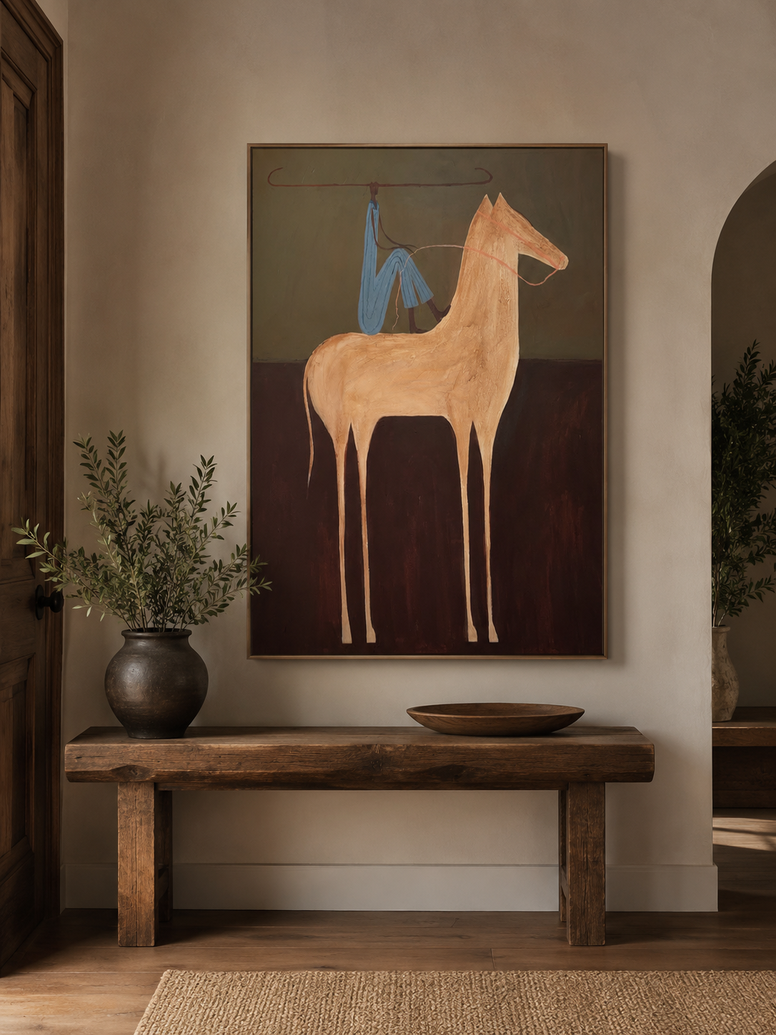Minimalist Retro Horse Painting With Blue Figure For Modern Home Decor