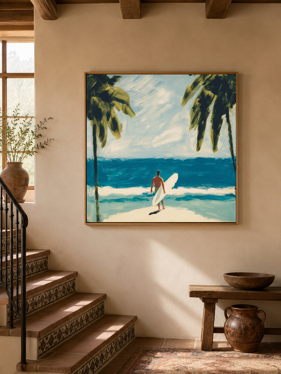 Surfer And Palm Trees Beach Canvas Painting Blue Ocean Wall Art