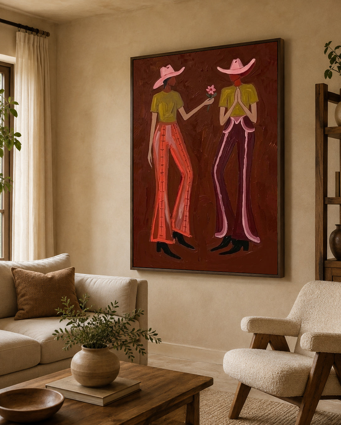 Cowgirl Flower Canvas Art, Retro Western Friendship Wall Decor, Dark Brown Aesthetic Painting