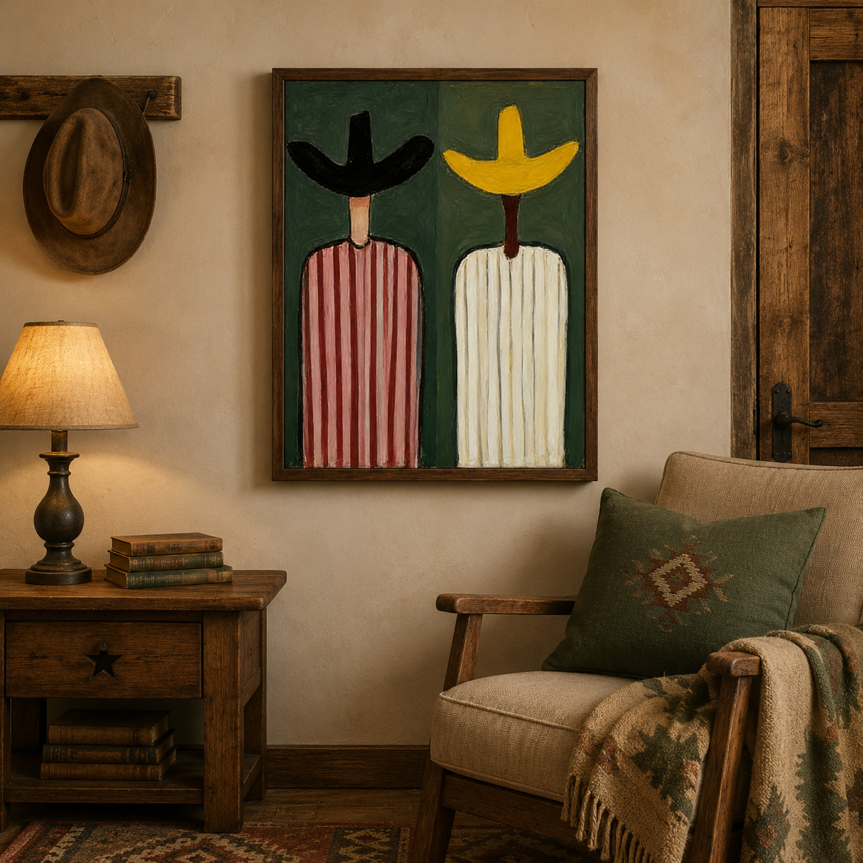 Abstract Figurative Painting With Sage Green Background And Striped Characters For Modern Home Decor