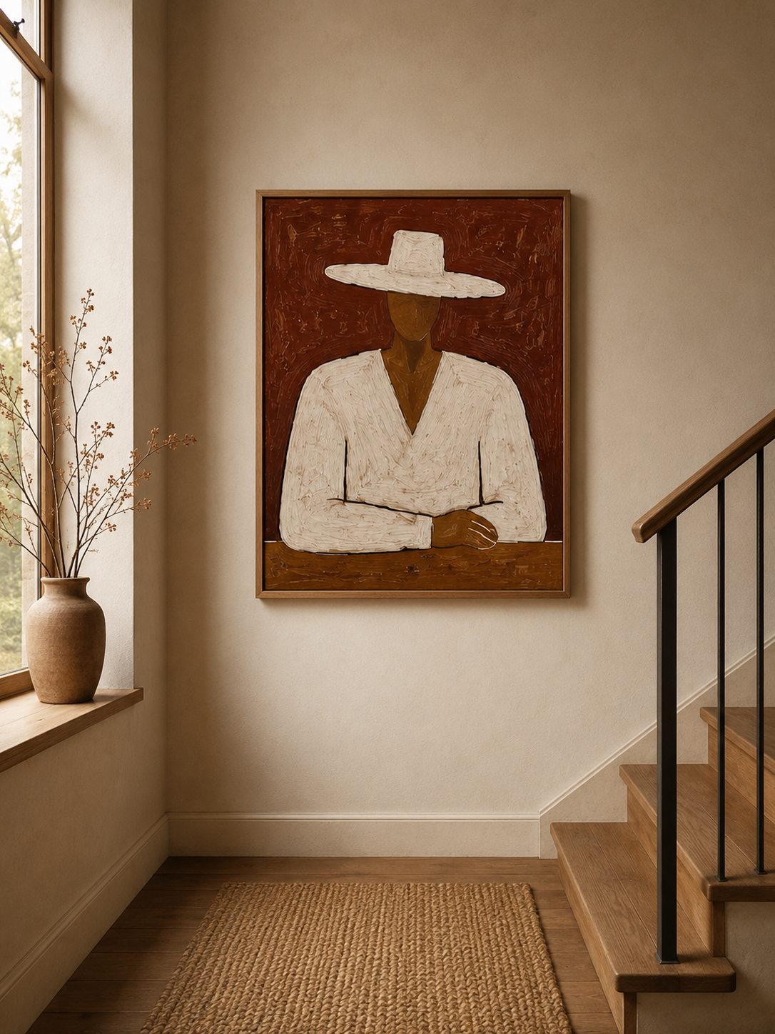 Minimalist Man In White Hat Original Oil Painting For Modern Living Room Decor