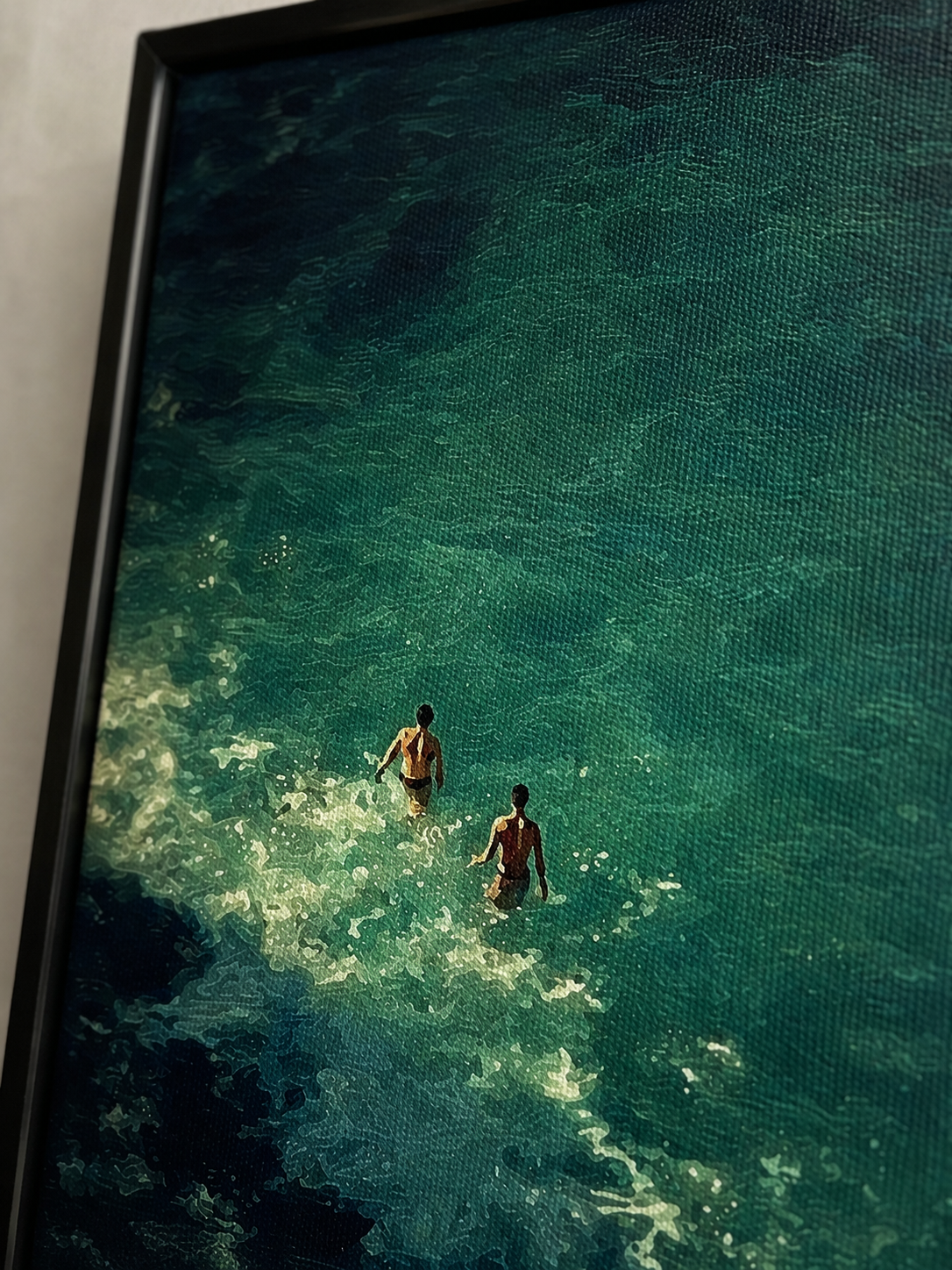 Emerald Green Ocean Painting Impressionist Swimmers Vintage Coastal Canvas Art For Living Room
