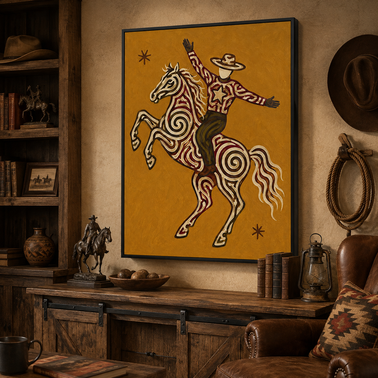 Vintage Western Wall Art, Ochre Cowboy Painting, Wild West Decor, Impasto Texture Canvas Art