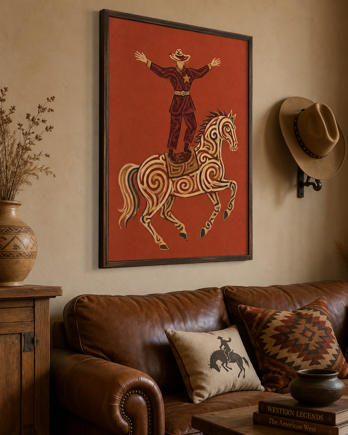 Western Cowboy Painting, Ornate Horse, Southwestern Folk Wall Art, Rustic Ranch Decor
