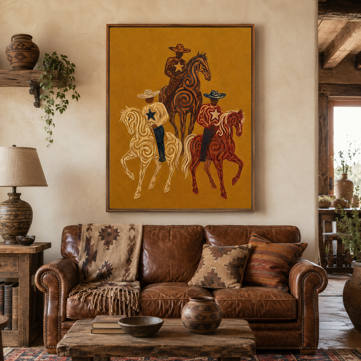 Western Cowboy Horse Oil Painting, Mustard Southwestern Wall Art, Hand Painted Ranch Decor