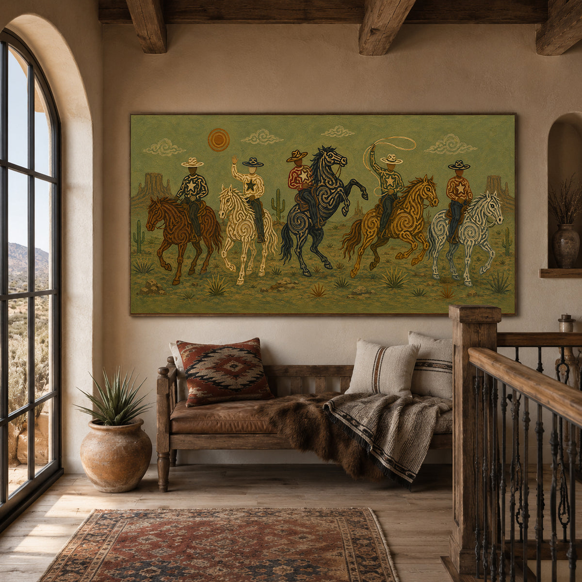 Olive Western Cowboy Painting, Panoramic Lasso Horse Riders, Southwestern Ranch Wall Art