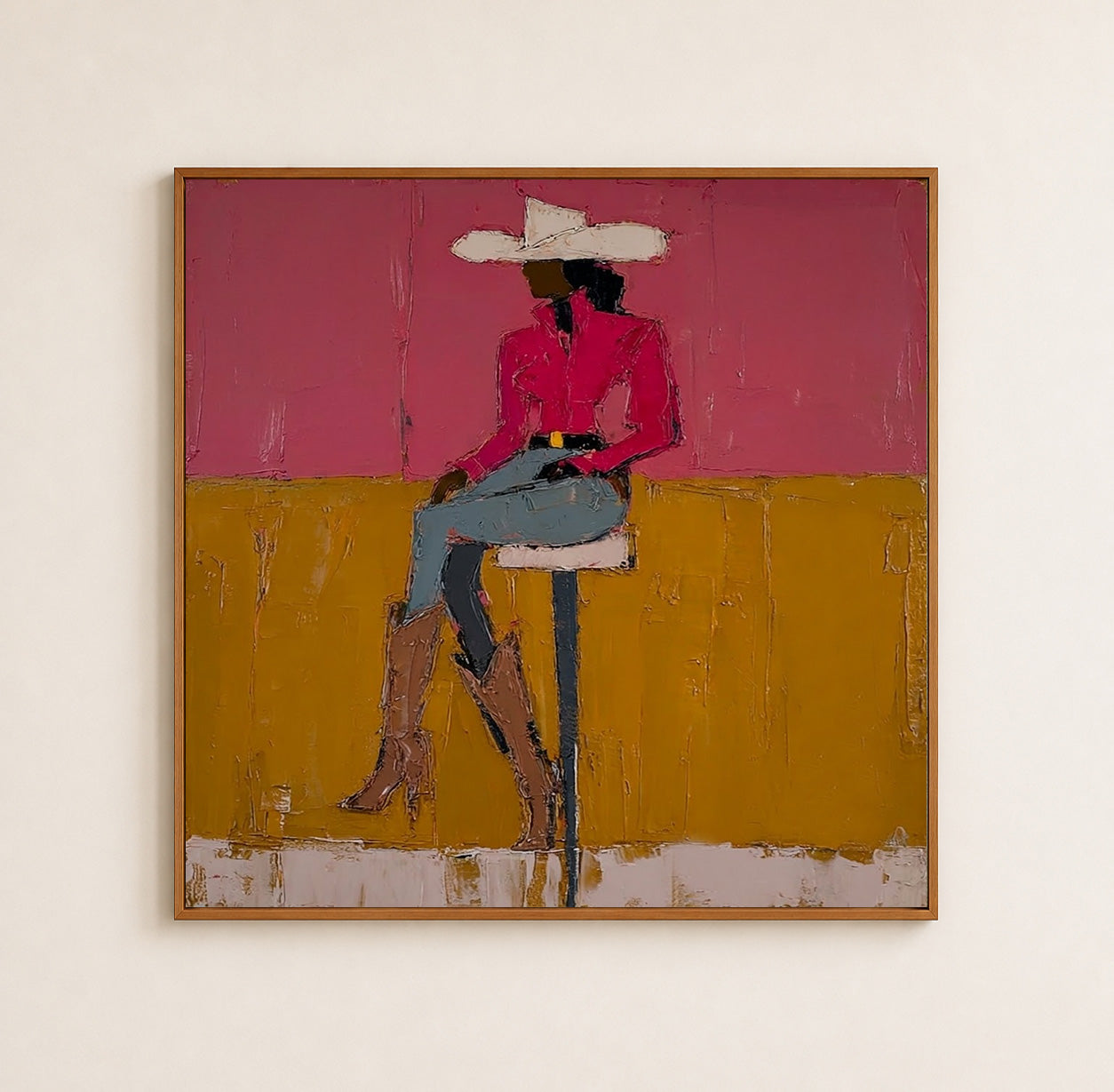 Modern Pink Cowgirl Oil Painting Abstract Fashion Figure Art For Living Room Decor