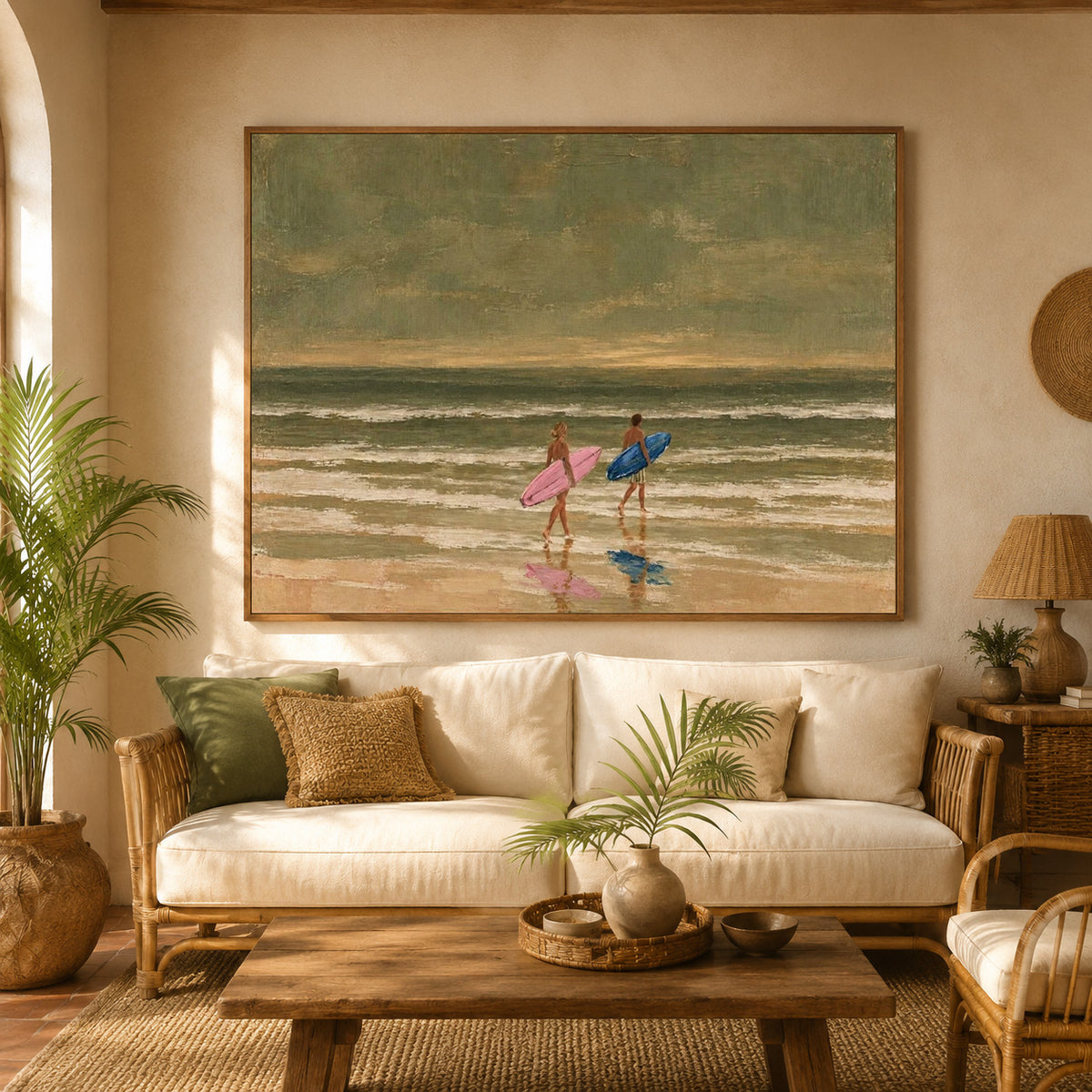Couples Surfing Canvas Art, Pink And Blue Surfboard Beach Decor, Vintage Coastal Ocean Painting