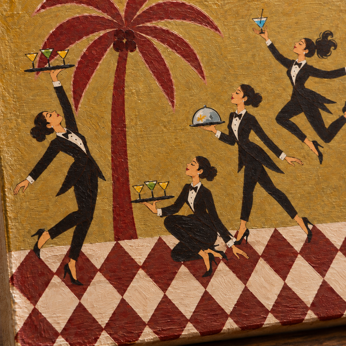 Retro Dining Room Wall Art With Palm Tree And Cocktail Servers Original Canvas
