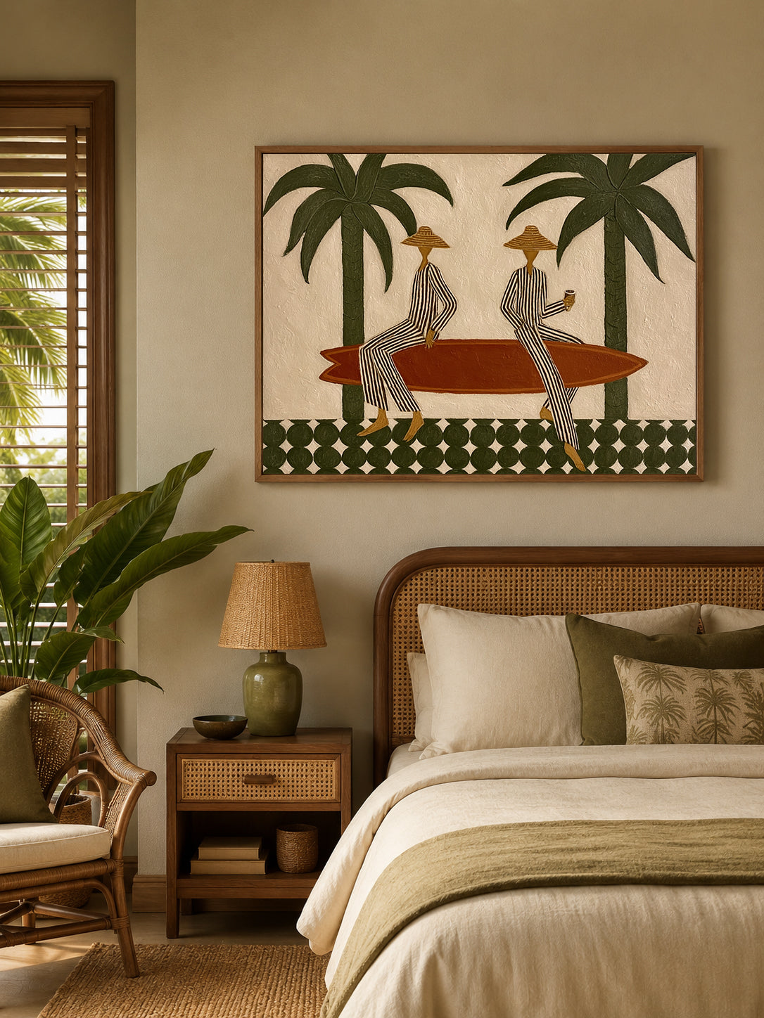 Bohemian Surfboard Wall Art With Green Palm Trees For Coastal Living Room Decor