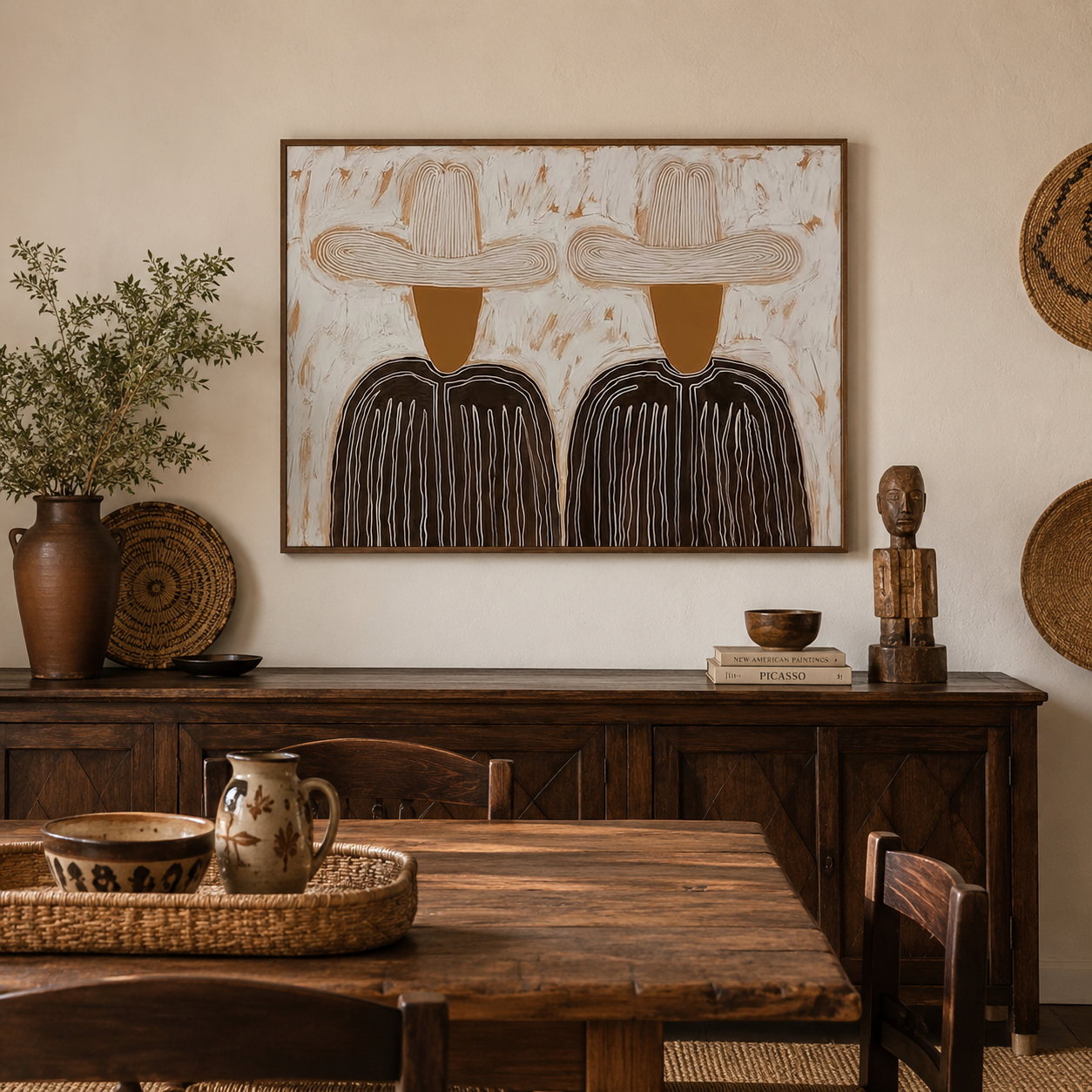 Minimalist Figurative Oil Painting With Textured Earth Tones For Modern Living Room Decor