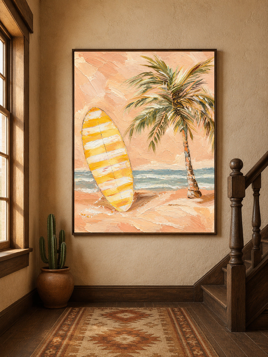 Tropical Surfboard Wall Art, Peach Beach Oil Painting, Palm Tree Textured Canvas