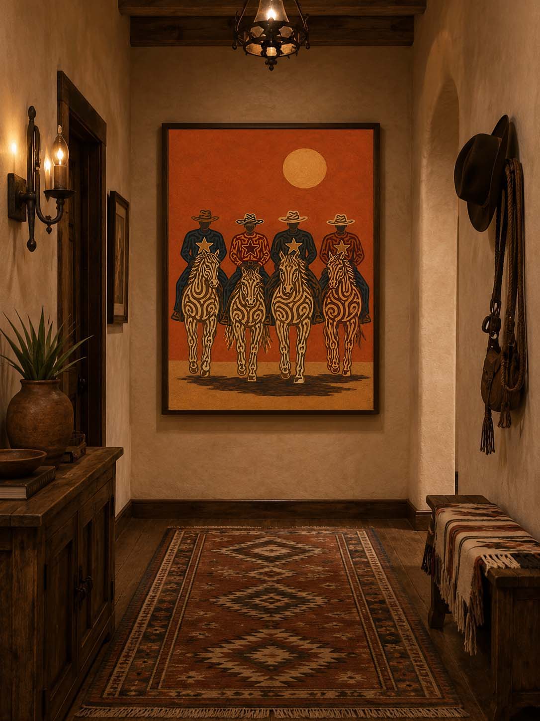 Cowboy Riders Oil Painting, Burnt Orange Western Wall Art, Rodeo Ranch Hand Painted Decor