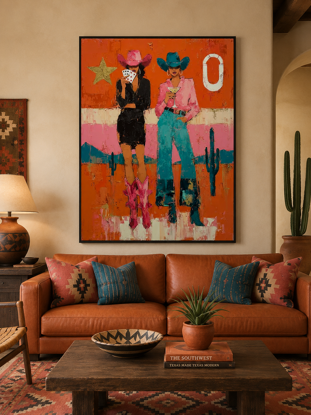 Vibrant Pop Art Painting Of Two Women In Cowboy Hats Unique Wall Decor