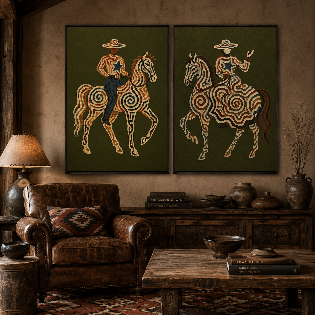 Vintage Patterned Tribal Horse And Cowboy Wall Art Set Of 2 For Living Room Wall Decor