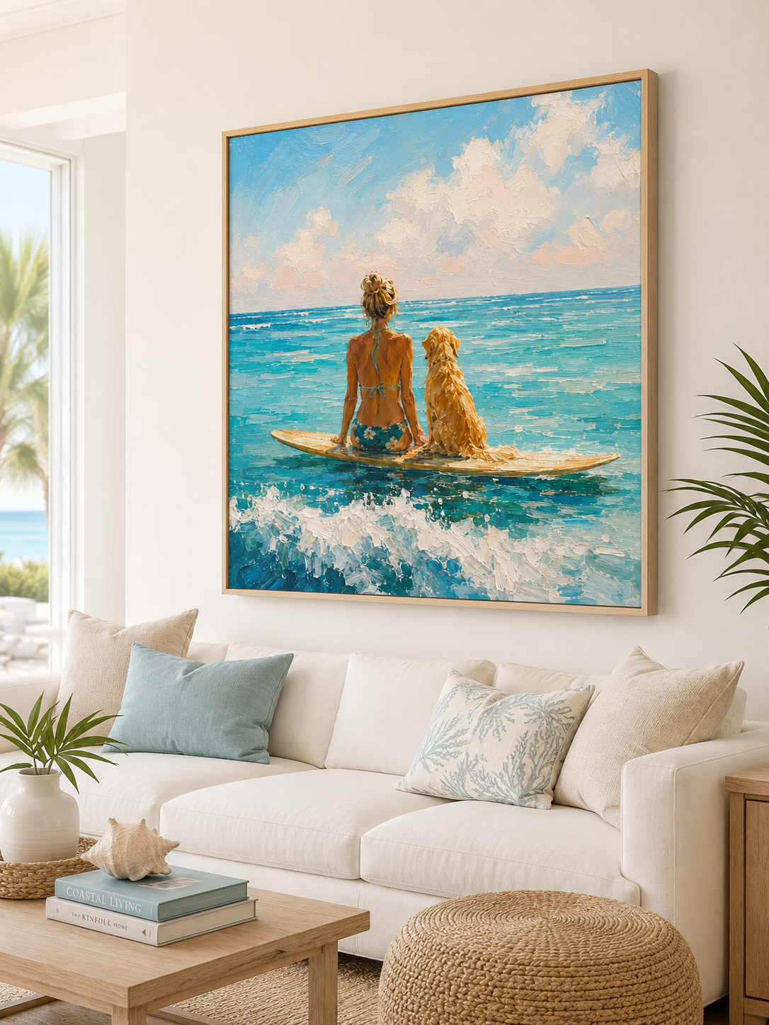 Summer Beach Surfboard Art Hand Painted Girl And Dog Ocean View Art For Beach House Living Room Decor