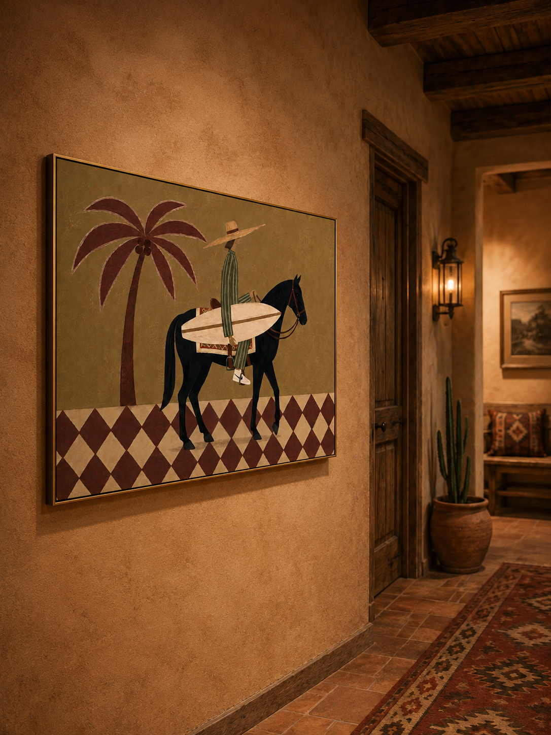 Olive Green Canvas Art With Diamond Floor Pattern And Rider Silhouette For Boho Chic Interior