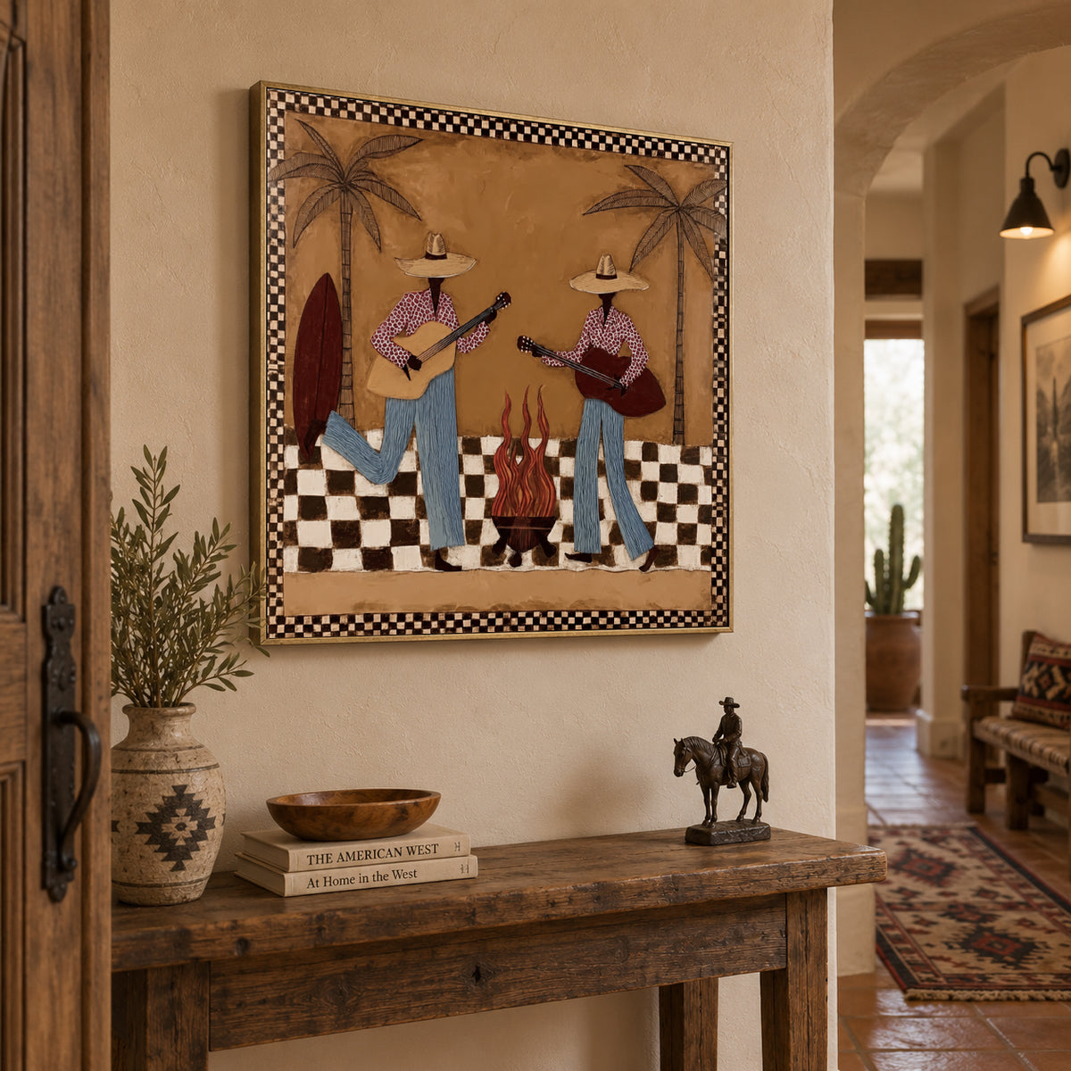 Retro Cowgirl Guitar Painting, Western Music Wall Art，checkerboard Western Art