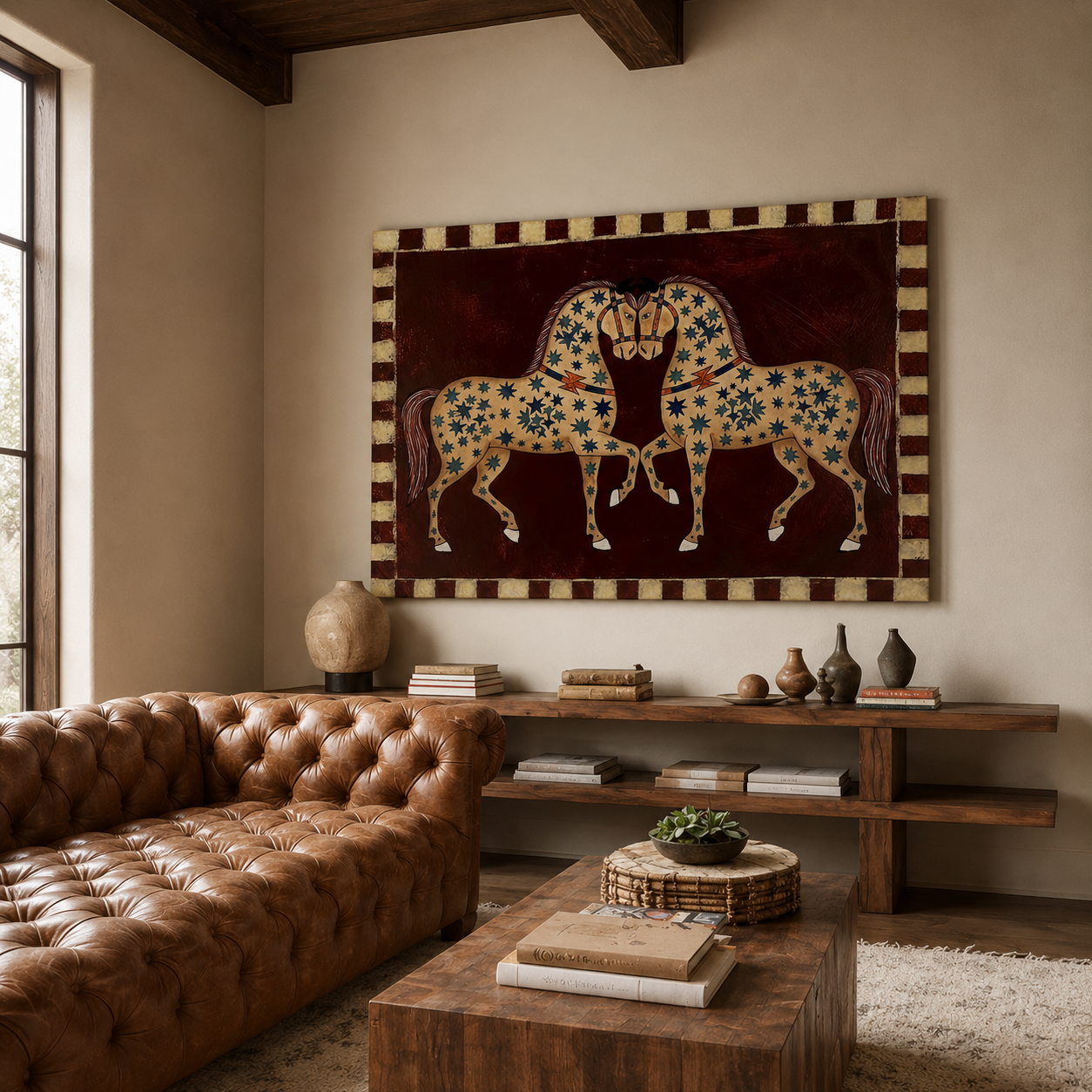 Medieval Folk Art Horse Painting With Stars On Brown Canvas For Classic Home Decor