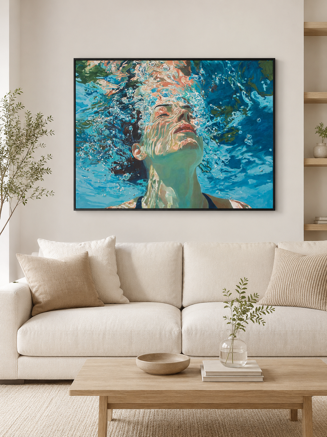 Ethereal Underwater Girl Painting With Bubbles For Coastal Bathroom Decor