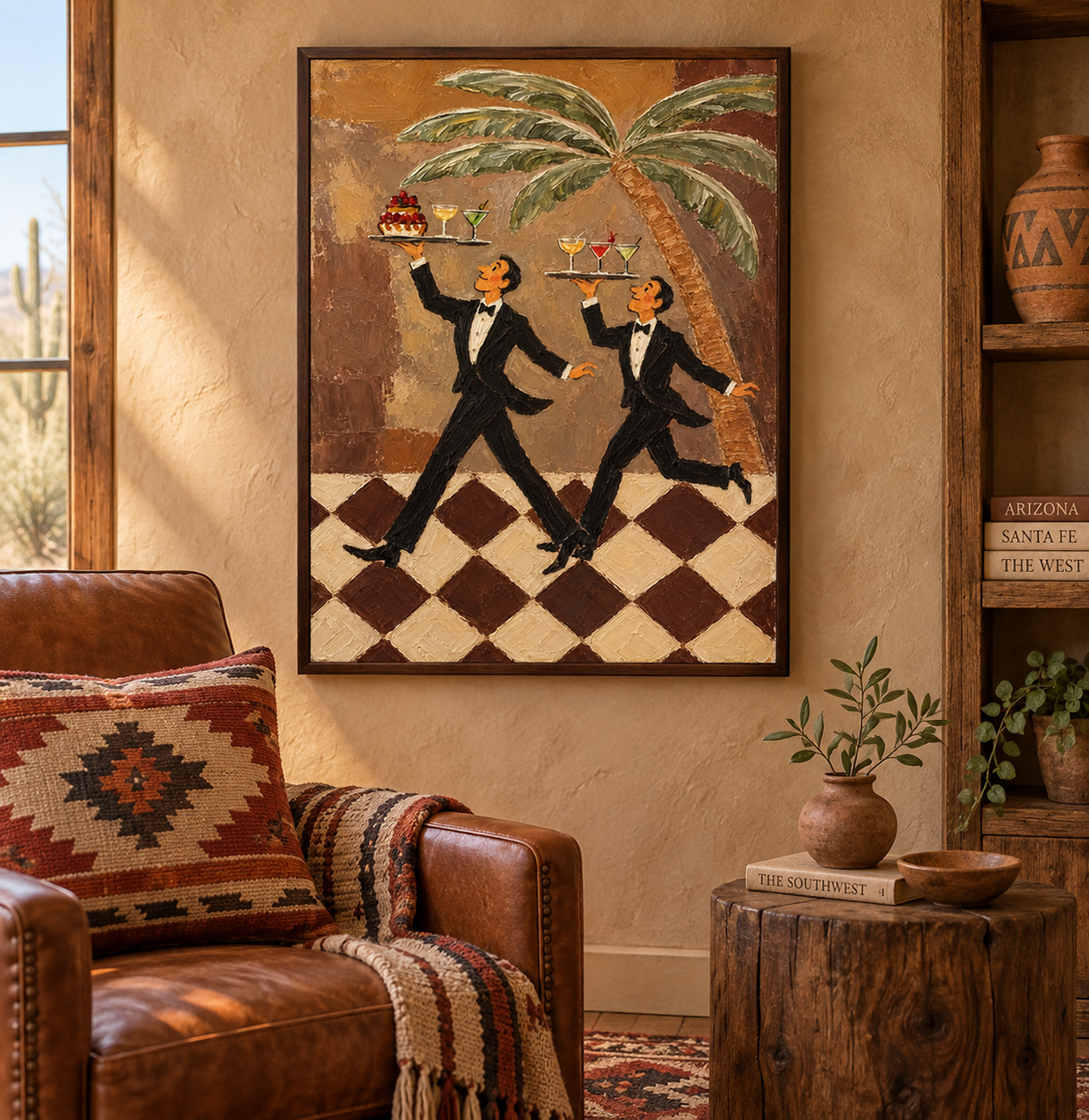 Tuxedo Waiter Canvas Art,Retro Bar Painting, Brown Checkered Floor Artwork