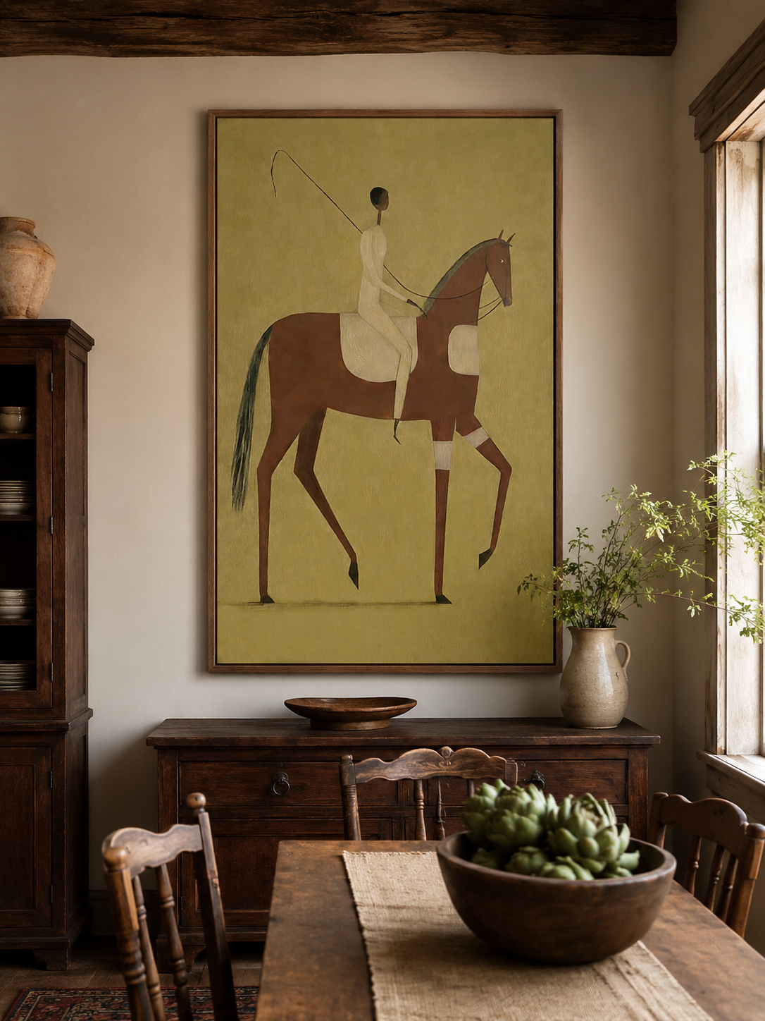 Wabi Sabi Style Rider On Horse Art Original Oil Painting With Olive Background