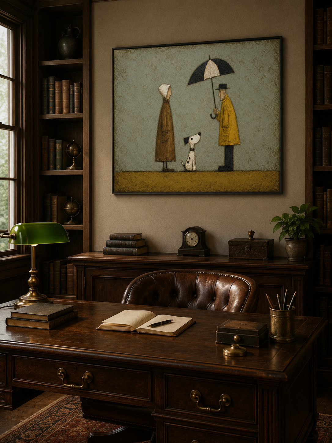 Vintage Couple With Dog Painting Under Umbrella Retro Wall Art For Pet Lovers